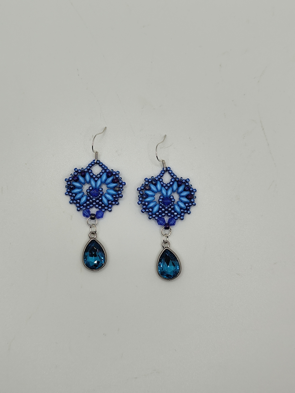 Blue Beaded Drop Earrings with Teardrop Crystal Accent